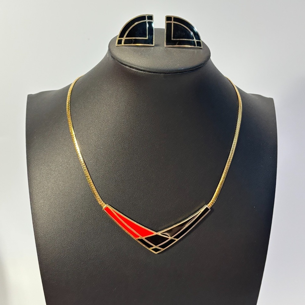 Vintage Necklace and Clip-On Earring Set Red Black Enamel Geometric Art Deco 90s - Picture 2 of 11
